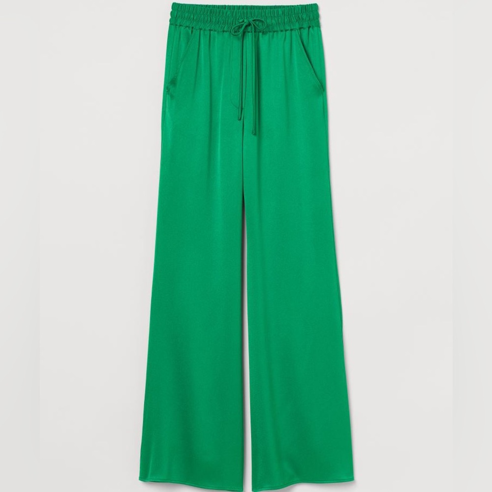 Kelly Green Glossy Wide-cut Pants Elastic Waist Size 2